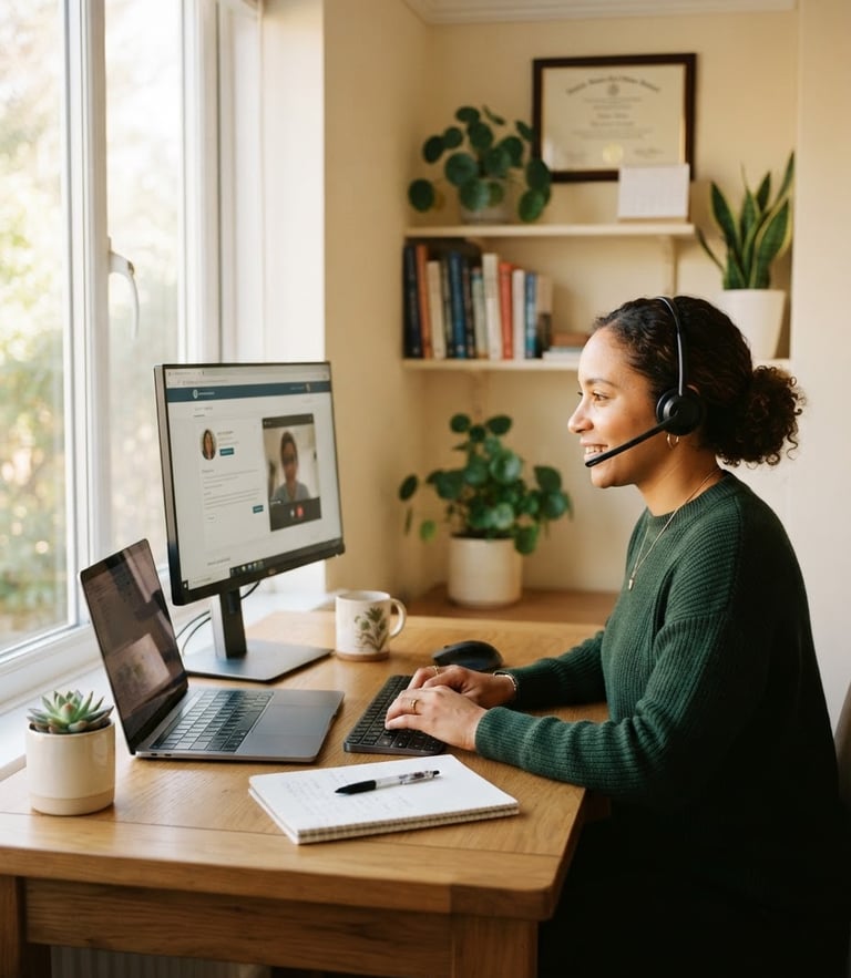A professional remote healthcare assistant working in a clean, bright workspace with soft natural window light, modern digital tools, warm editorial photography.
