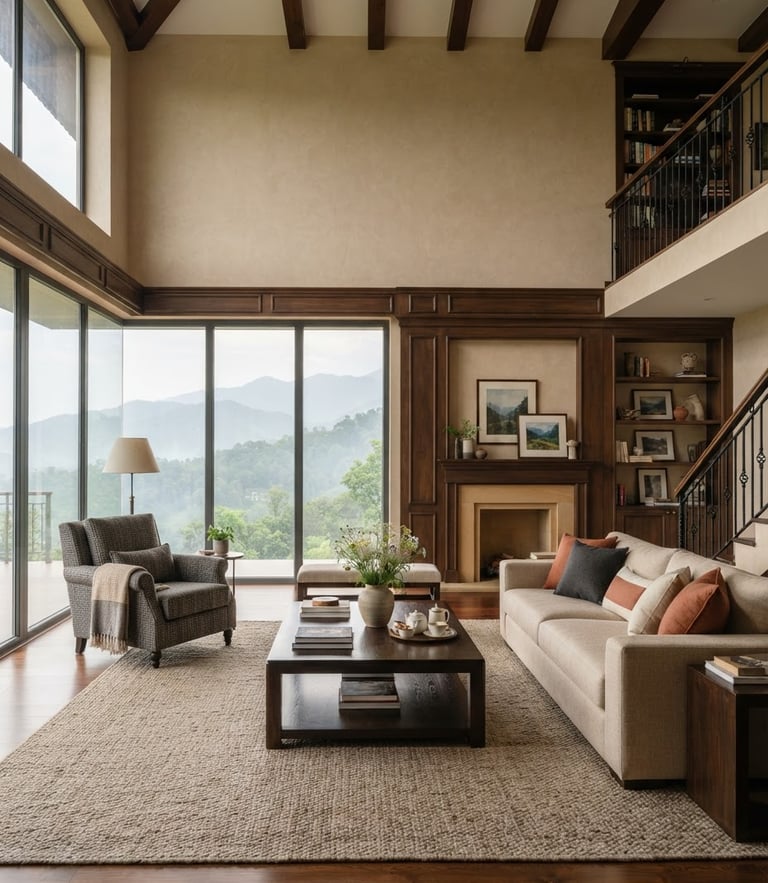 Straight-on editorial interior photography of a luxurious sun-drenched living room in Dehradun, high ceilings, custom millwork, warm beige tones, soft mountain light