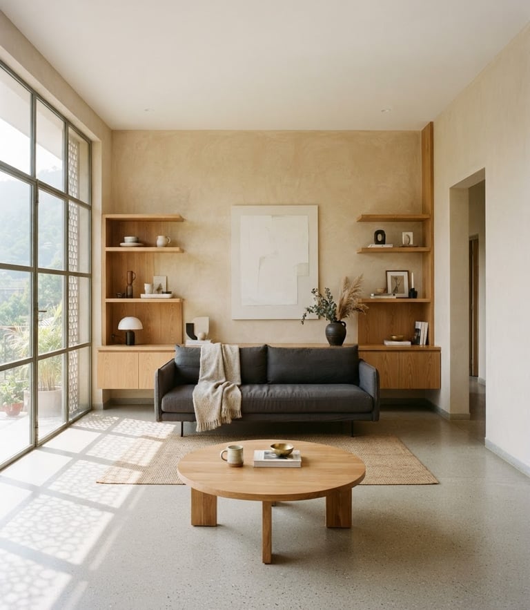 Straight-on architectural photography of a sun-drenched minimalist living room in Dehradun, warm beige plaster walls, custom oak millwork, soft window shadows, 35mm lens