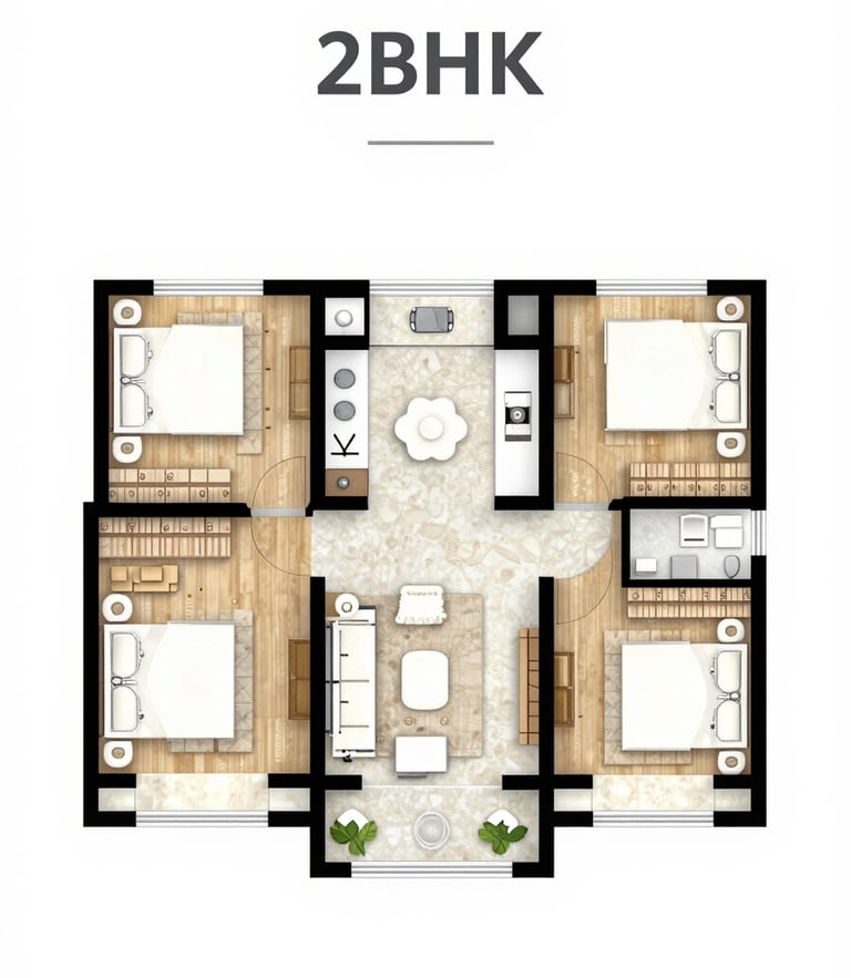 Architectural floor plan layout of a 2 BHK apartment, clean lines, high readability, professional presentation