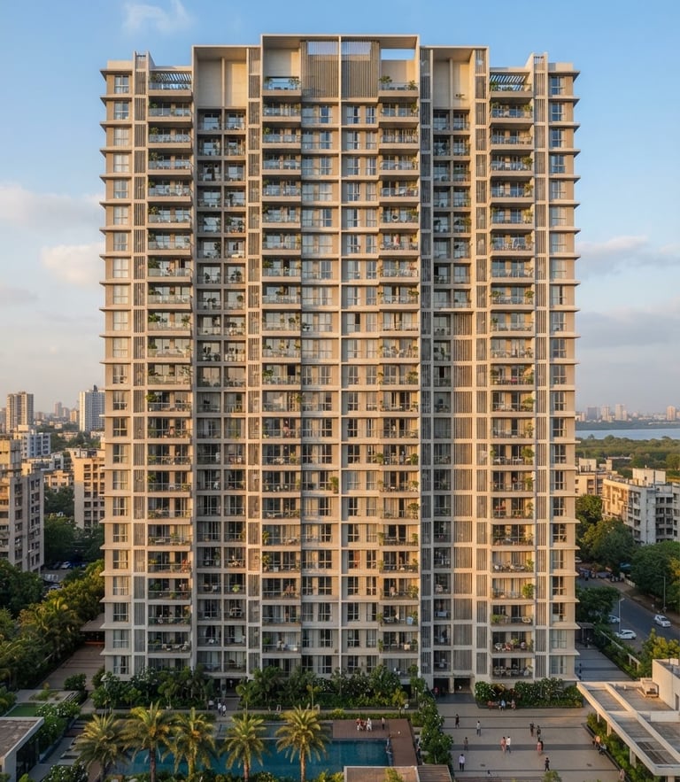 Bright architectural wide-angle photo of a modern residential tower exterior in Vikhroli East, warm afternoon sunlight casting soft shadows on clean concrete facade.