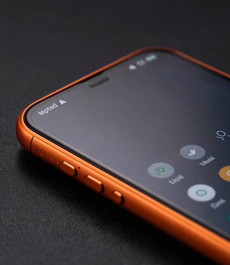 Macro shot of a high-end Android flagship device showing a custom dark interface with safety orange accents, high-contrast dramatic studio lighting, sharp technical focus
