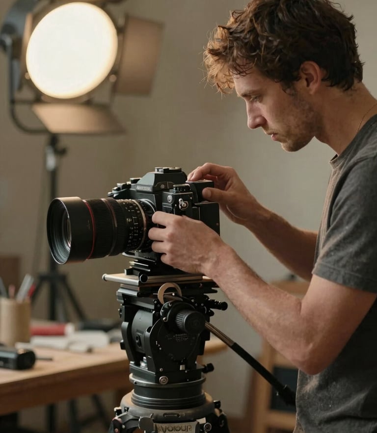 Cinematic wide shot of a filmmaker adjusting a vintage lens on a camera, warm practical lamp lighting in a dusty studio workshop, shallow depth of field, organic film grain.