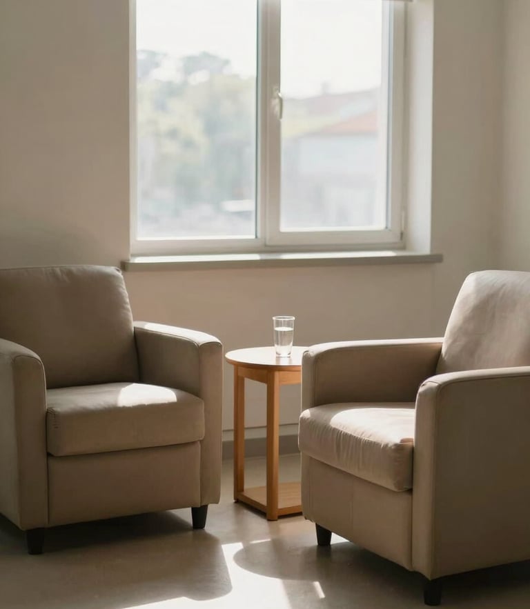 A serene, sunlit clinical therapy room with two comfortable armchairs, a wooden side table with a glass of water, soft natural light streaming through a large window, peaceful atmosphere, medium shot.