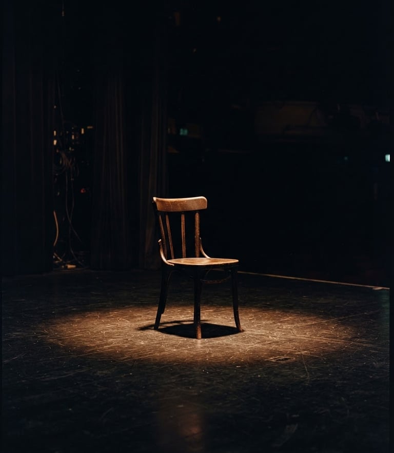 Cinematic film photography of a dark theatre stage, warm amber spotlight hitting an empty wooden chair, deep shadows, 35mm anamorphic lens
