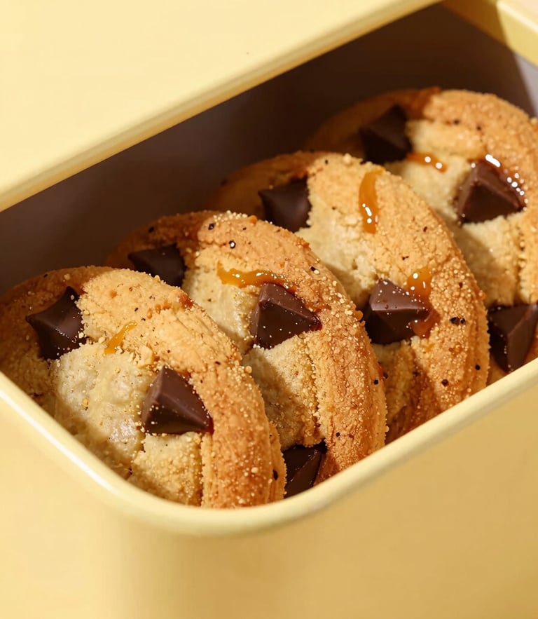 Close-up of a beautifully designed retro butter-yellow cookie box being opened, revealing thin caramelized chocolate chip cookies inside, warm high-contrast studio lighting