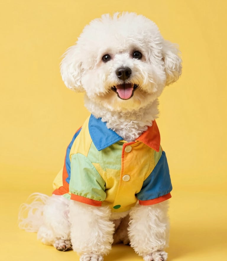 A happy fluffy dog wearing a colorful handcrafted shirt, sitting comfortably on a solid soft yellow background, bright studio lighting