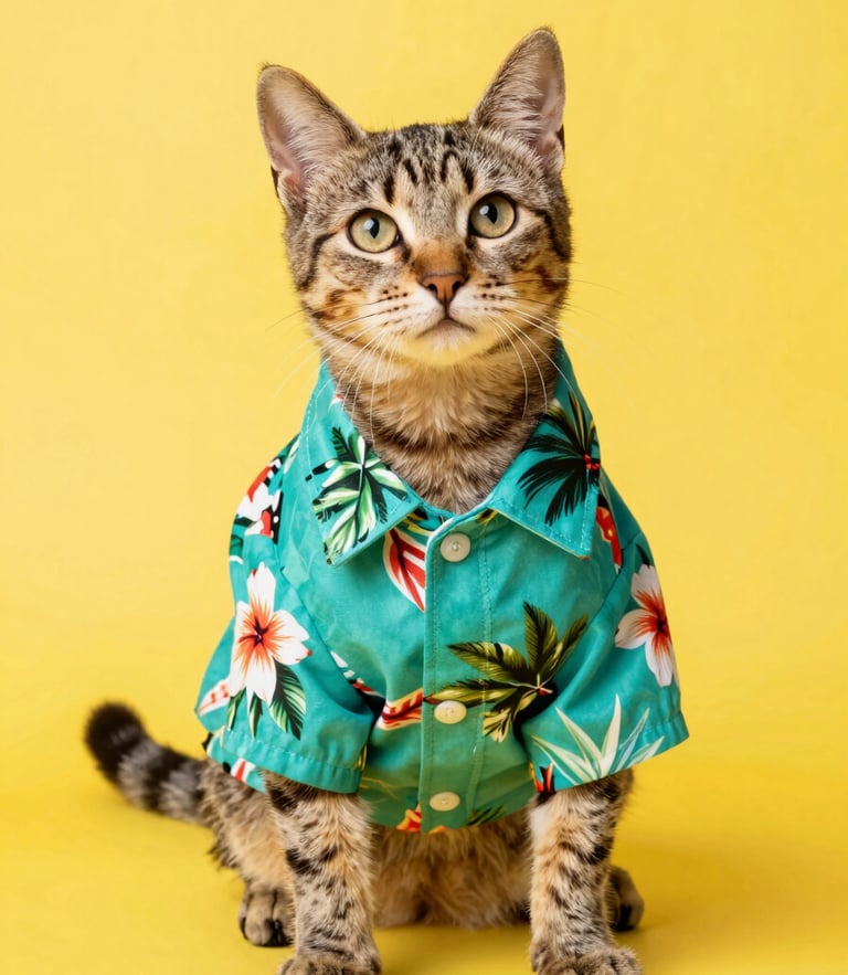 A playful tabby cat wearing a bright teal tropical Hawaiian shirt, sitting comfortably on a solid yellow background, vibrant studio pet photography, eye-level medium shot.