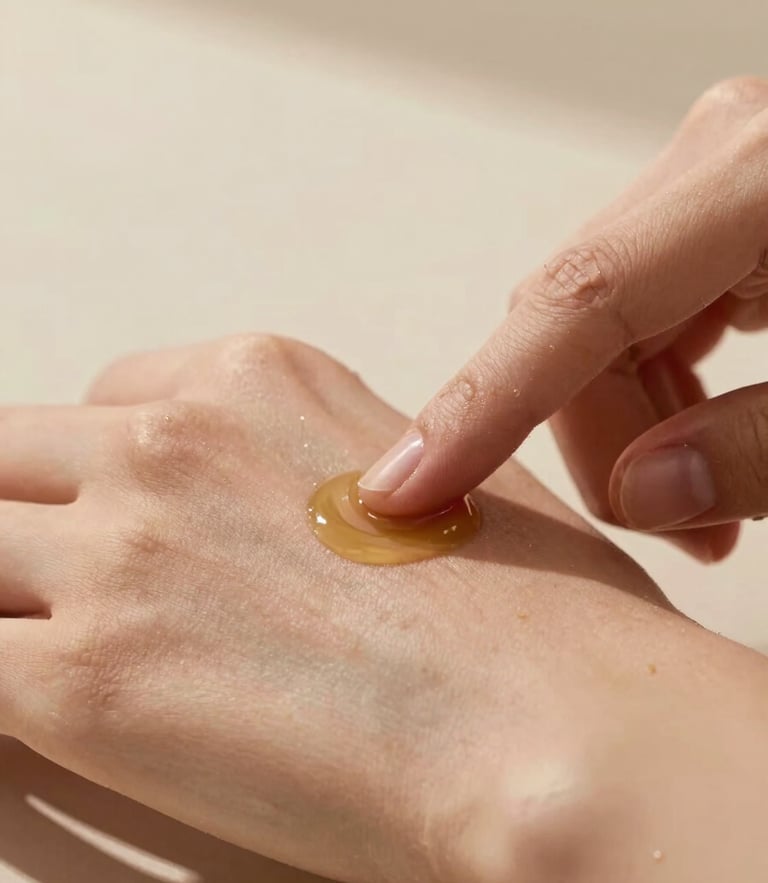 Macro close-up of hands applying organic oil to clean skin, soft diffused morning daylight, earthy olive tones
