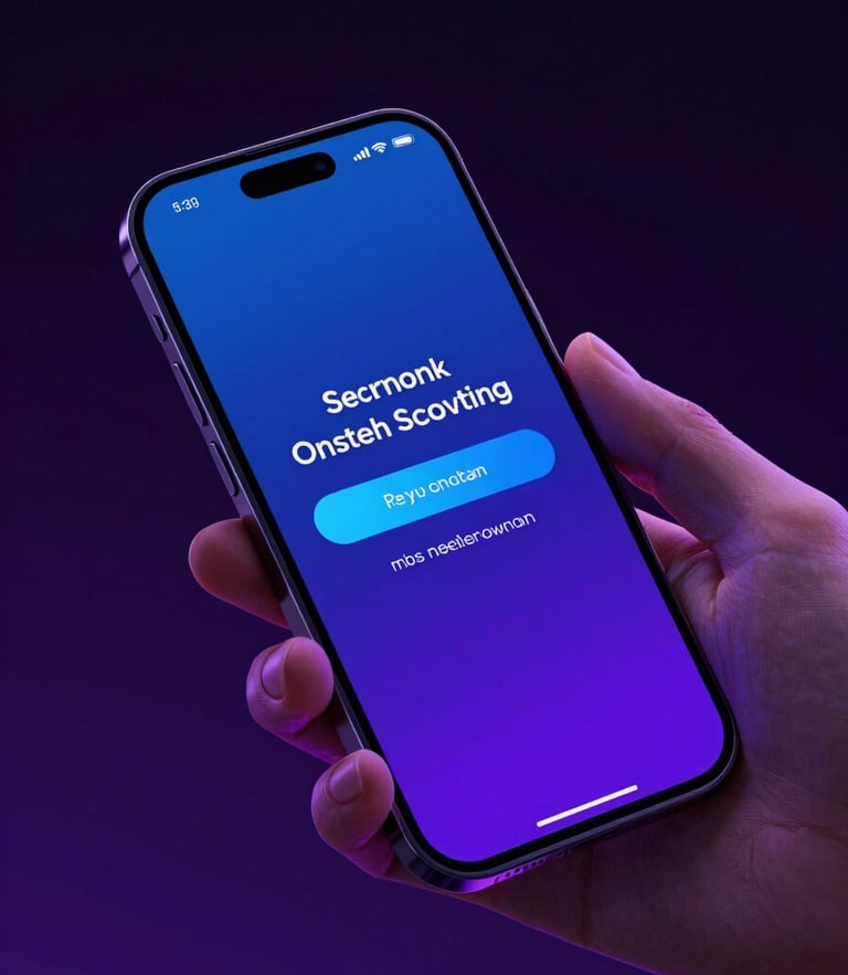 Sleek modern smartphone displaying a secure transaction success screen with neon blue accents, held by hands in a dark room with purple backlighting, vibrant 3D render, high-contrast dark background, cinematic