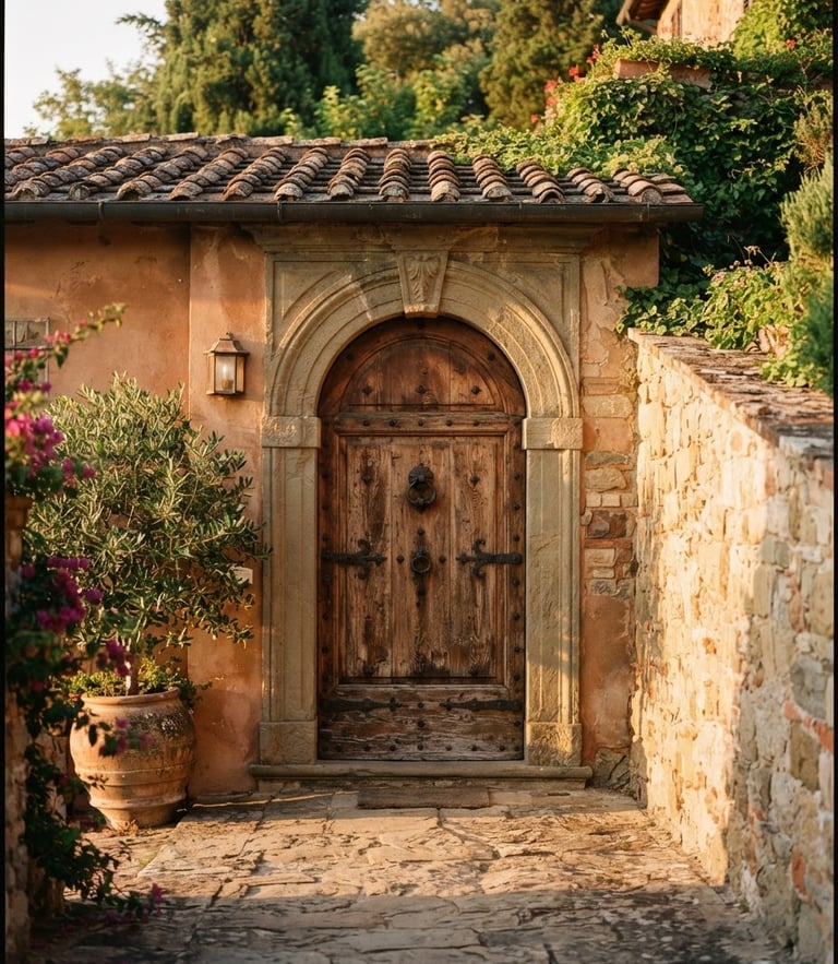 Sidelit architectural detail of a historic Italian villa entrance at golden hour, warm shadows on stone pathways, 35mm film style, shallow depth of field