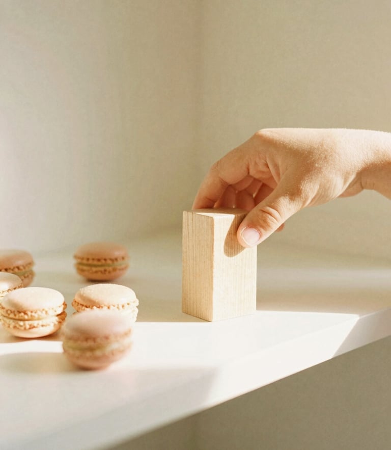 Hands of a child sorting smooth wooden blocks on a low cream-colored shelf, soft morning sunlight, warm editorial style