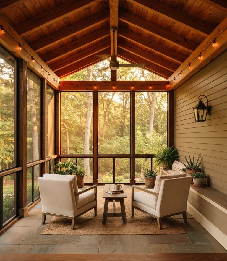 Straight-on architectural photography of a finished screen porch during golden hour, rich natural wood rafters, warm sunlight filtering through screens.