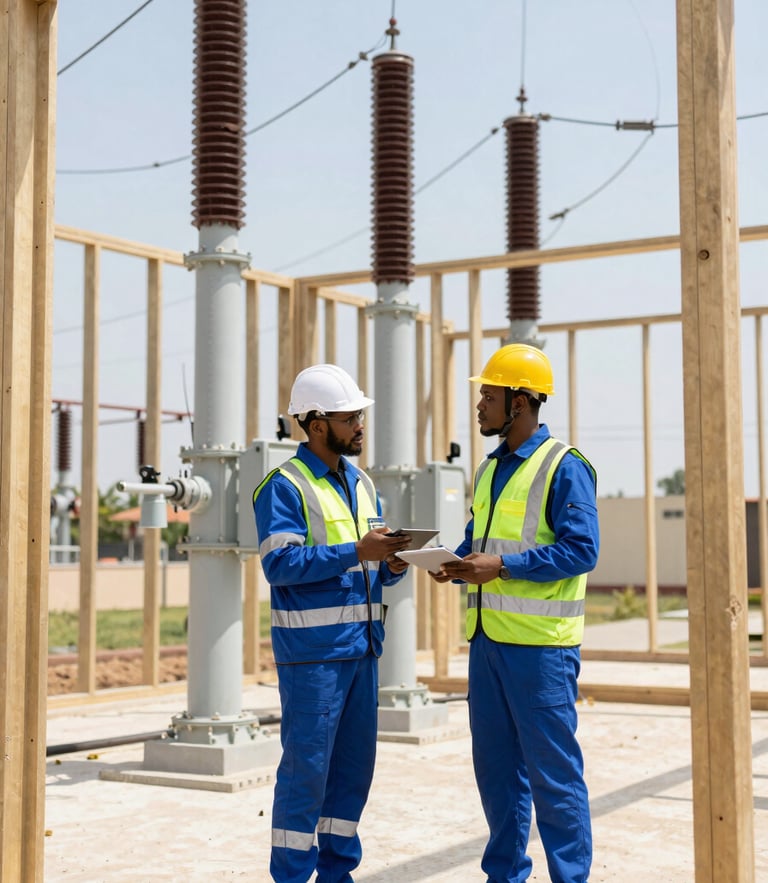 Wide shot of a professional Nigerian electrical engineer in high-visibility HSEQ gear inspecting a power substation under bright daylight, architectural framing