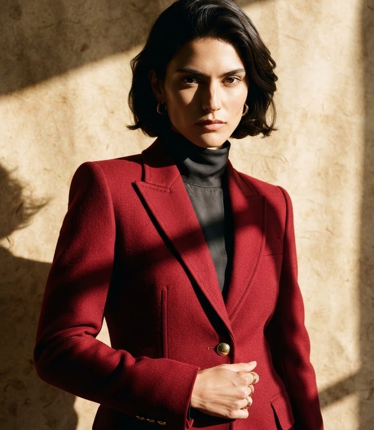 Studio portrait of a model wearing a structured crimson wool blazer, sharp directional shadows, crisp parchment background, editorial styling