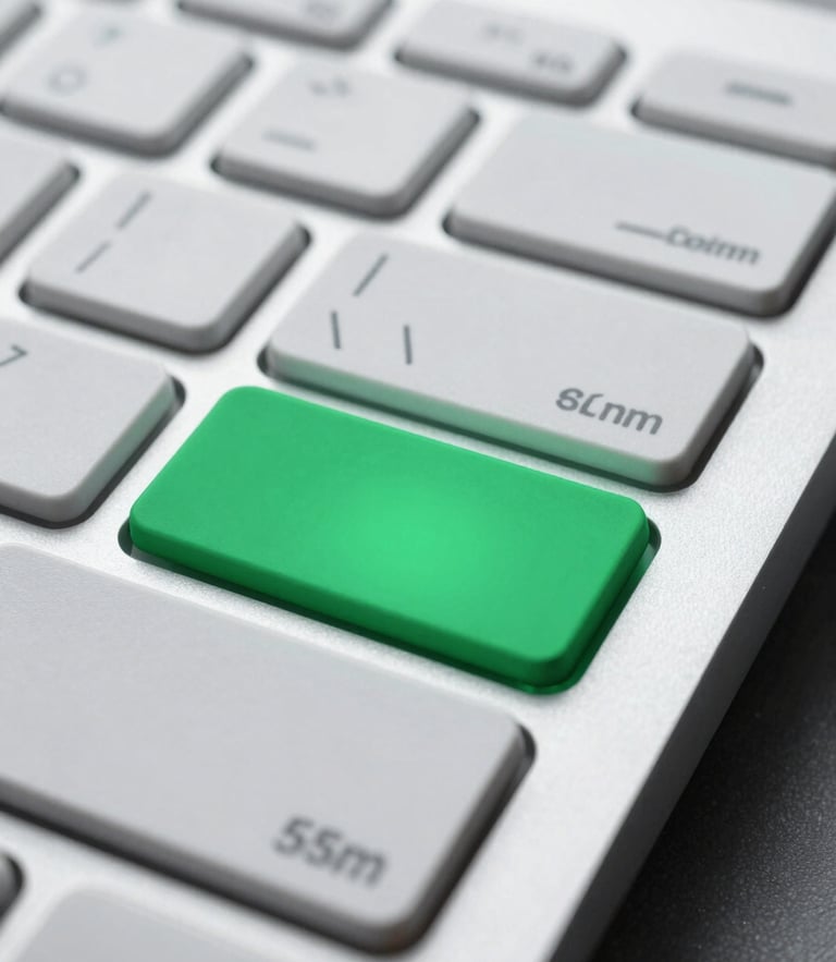 Sleek close-up of a high-end metallic keyboard with a single glowing emerald green key, minimalist tech photography, cool studio lighting, sharp focus, 35mm