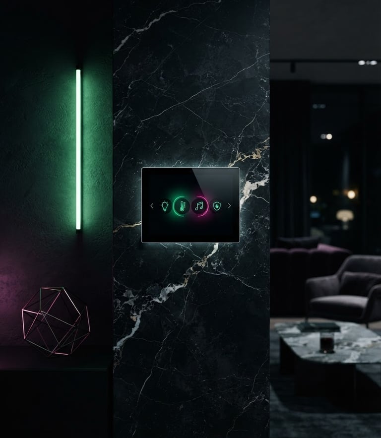 Sleek smart home touch panel integrated into a dark marble wall, moody low-key interior lighting, vibrant green neon accent, 35mm lens