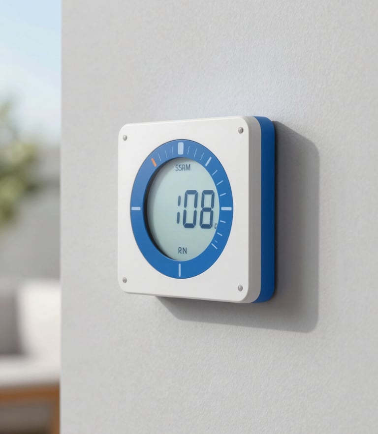 Close-up of a modern smart thermostat on a clean light gray wall in a Dutch home, bright natural daylight, crisp blue accents, sharp focus