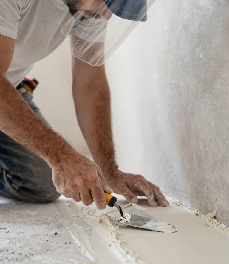 Bright, clean close-up of a professional drywall contractor in a neat, plastic-shielded workspace carefully applying joint compound with a trowel.