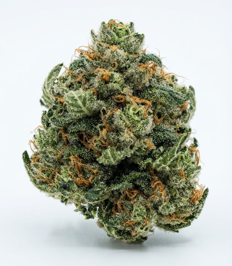 Crisp macro detail of a dense hemp bud on a sterile white backdrop, bright cool laboratory daylight, 50mm lens