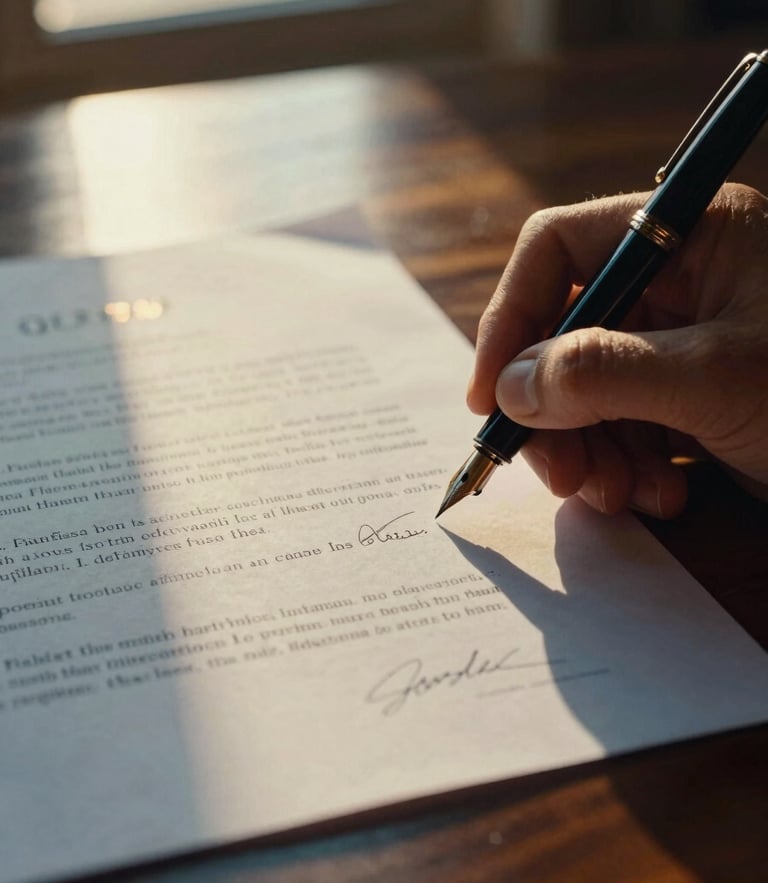 Close-up of a fountain pen signing a legal document on a dark wood desk, warm golden-hour window reflections, shallow depth of field, 35mm