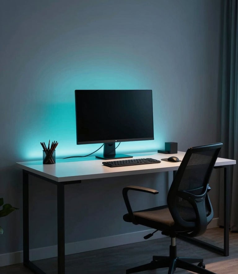 Sleek modern home office at dusk, minimalist desk, clean wire-free setup, glowing ambient cyan LED strip behind the monitor, dark atmosphere