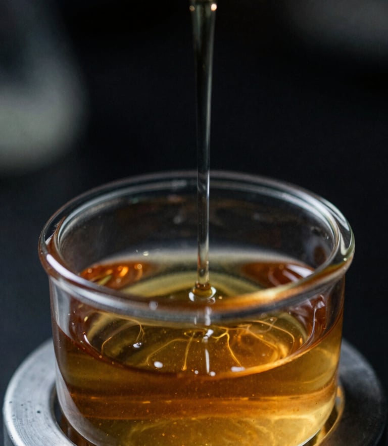 Extreme macro close-up of amber liquid bromine vaporizing inside a heavy quartz glass containment cell, harsh laboratory strobe lighting, high-contrast chiaroscuro, sharp focus