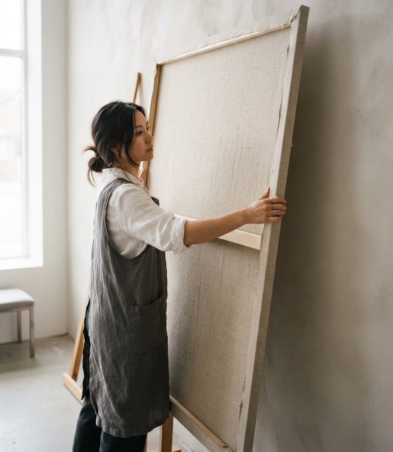 Bright gallery photography, soft natural daylight, Magie Le arranging a large linen canvas against a warm-gray studio wall, 50mm