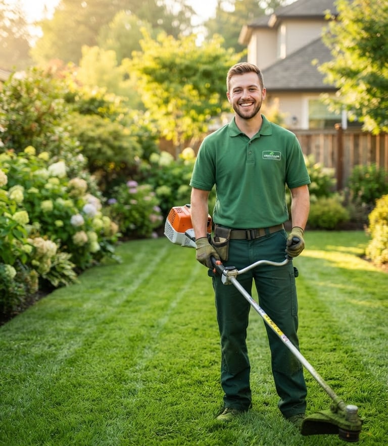 Bright outdoor photography of a friendly lawn care crew member in a clean green uniform smiling in a sunny, freshly mowed local yard, warm morning sunlight, shallow depth of field