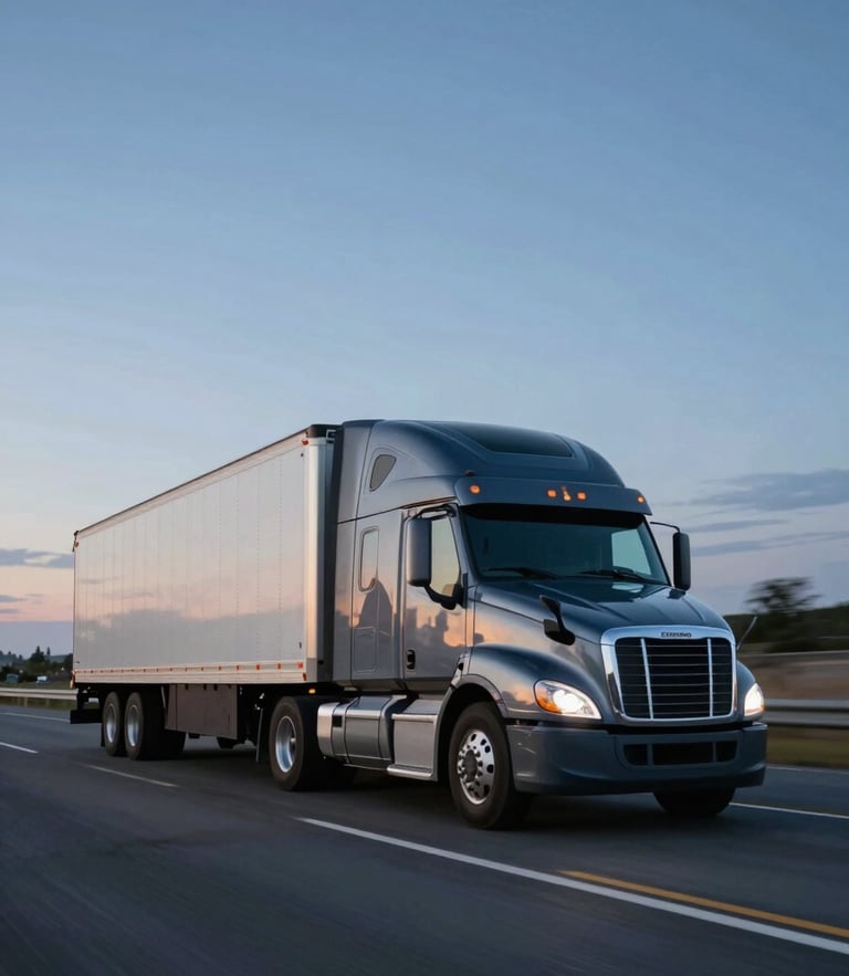 A sleek, modern semi-truck moving swiftly on an open American highway during the blue hour, cinematic lighting, sharp focus on the truck with a slight motion blur in the background, professional and reliable vibe using #0F1C36 tones.