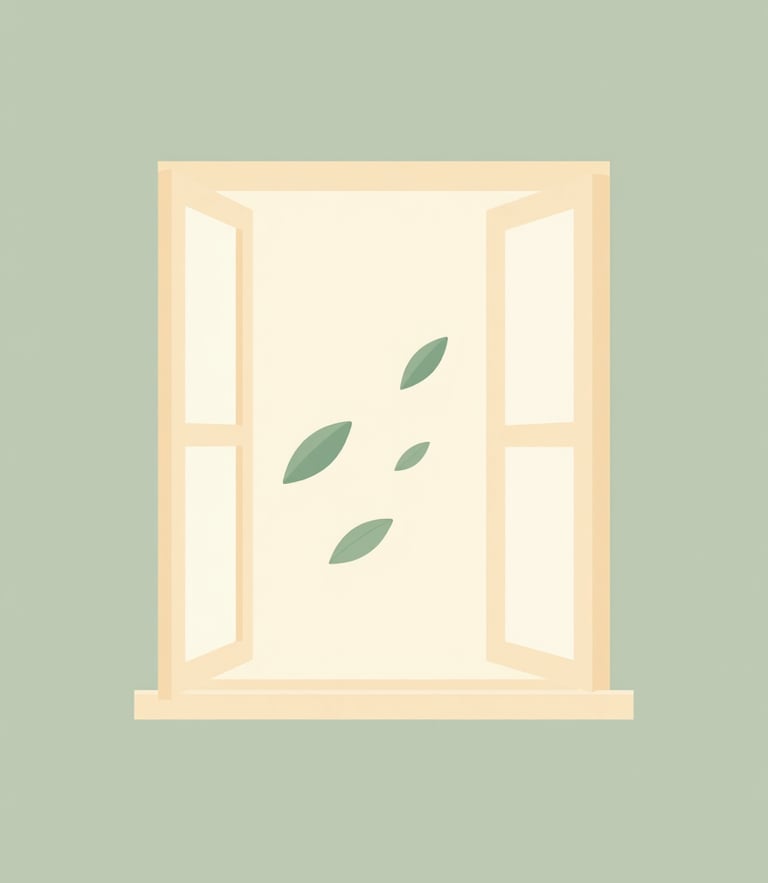 Minimalist flat vector illustration of a warm open window with green leaves blowing in a gentle breeze, soft sage and warm cream tones, calming and modern