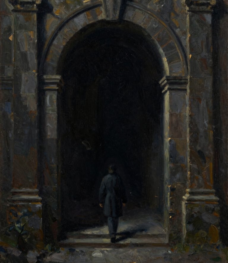 Direct frontal shot of a dark surrealist oil painting, a lone figure walking into a massive stone archway, rich textured brushstrokes, deep shadows, dramatic chiaroscuro lighting, 35mm