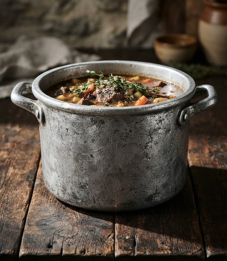 Editorial product photography of a heavy cast aluminum pot with thick rims resting on a rustic dark wood table, dramatic side lighting, high-contrast metal textures.