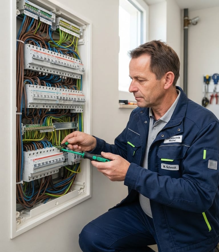 Straight-on technical shot of a certified German electrician working on a modern fuse box, clean uniform, bright technical lighting, high contrast, 35mm lens