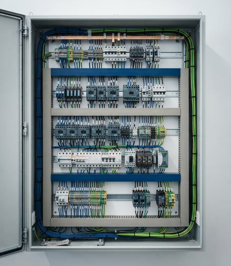 Straight-on technical shot of a modern German electrical cabinet, clean wiring, VDE-compliant installation, bright daylight, high contrast.