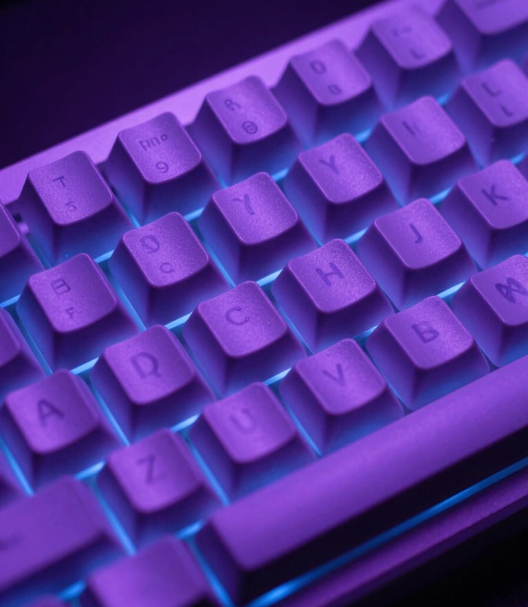 Macro shot of a premium mechanical keyboard under moody neon purple and blue rim lighting, shallow depth of field, minimalist composition
