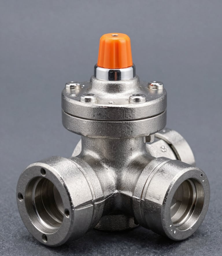 Macro studio photograph of a pristine, newly manufactured stainless steel safety relief valve, showing clean metal casting stamps, high-key technical lighting, slate gray and safety orange tones.