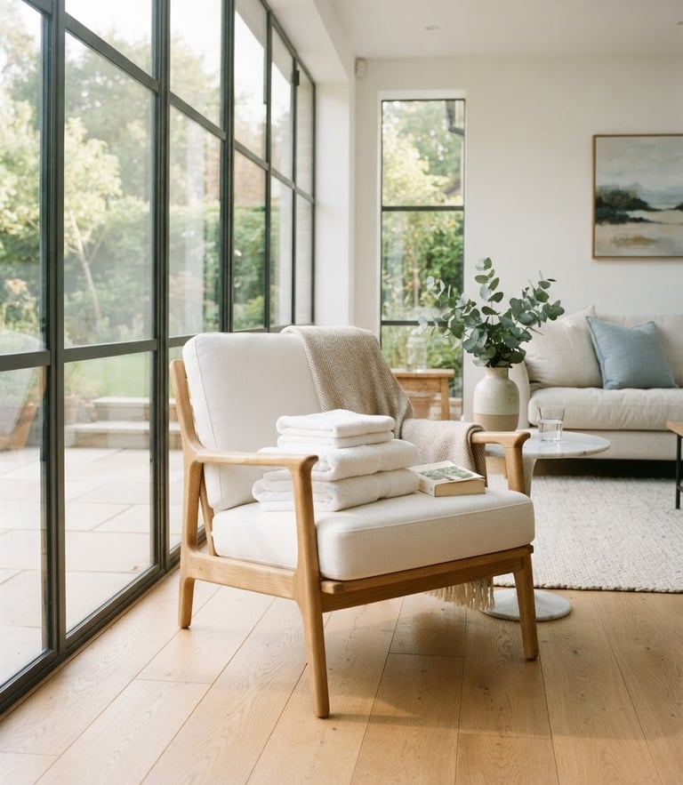 Bright airy living room with soft morning sun streaming through large windows, clean wooden floor, neatly folded white towels on a chair, 35mm lens