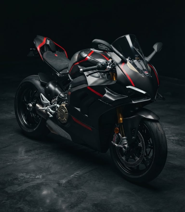 Dramatic low-key studio shot of a high-performance sport motorcycle, sharp metallic reflections, matte black carbon fiber, racing red accents, 85mm lens