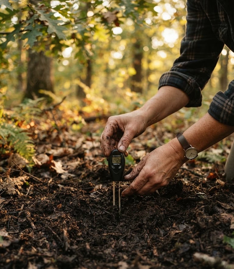 Close-up of hands placing a small digital soil sensor into rich dark earth, soft golden hour daylight filtering through oak leaves in a Missouri woodland.