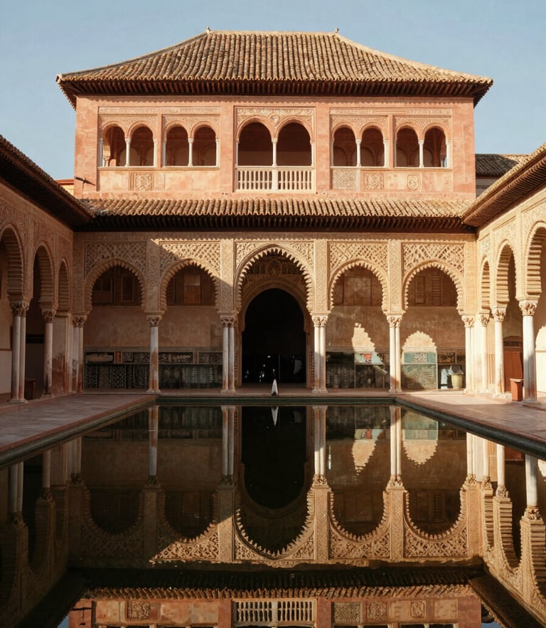 Symmetrical view of the Patio de los Arrayanes, perfect reflection of the arches in the still water pool, early morning light, no people, editorial photography.