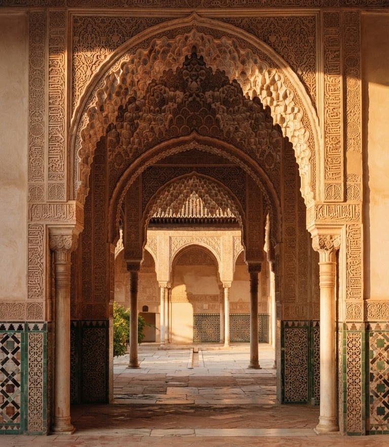 Symmetrical architectural detail of a plasterwork archway in the Alhambra, warm golden-hour sunlight casting long shadows, rich terracotta stone texture, 35mm photography.