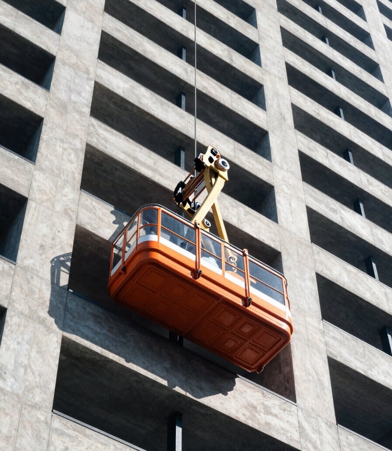 Low-angle architectural shot of a safety-orange passenger hoist climbing a modern concrete skyscraper under bright daylight, 35mm