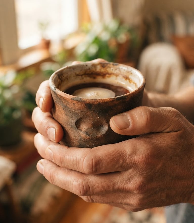Close-up of a well-worn unglazed clay mug held in hands, showing rich thumbprint texture and soft tea stains, warm morning window light, shallow depth of field.