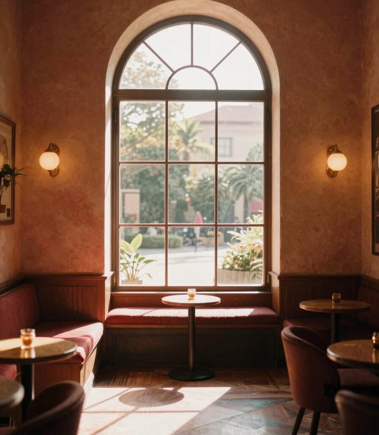 A warm boutique hotel interior with soft morning light streaming through a tall arch window, rich saturated tones, 35mm film.