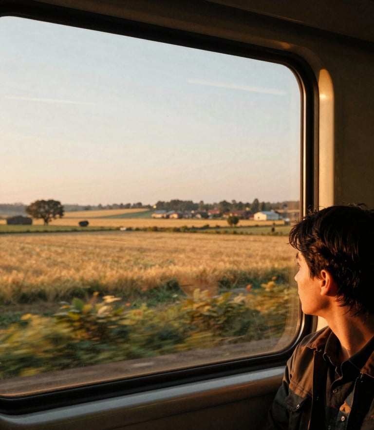 A passenger looking out of a train window at the golden hour countryside, warm editorial travel photography, 35mm film.