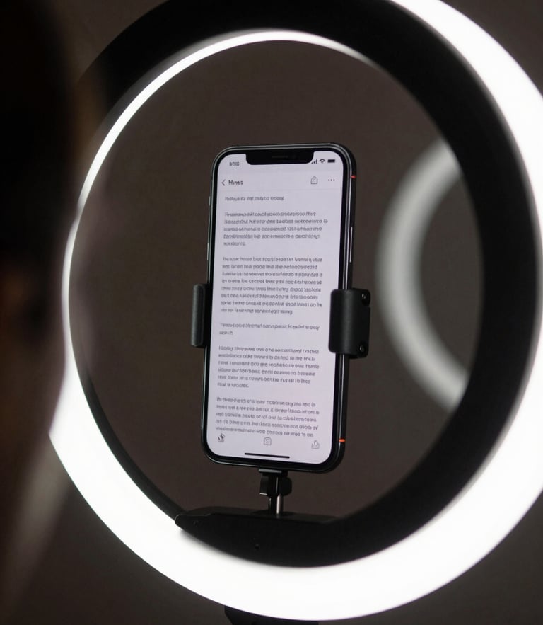 A close-up shot of a smartphone mounted on a ring light in a dimly lit room, displaying a highlighted script interface on screen, soft circular reflection in the background.