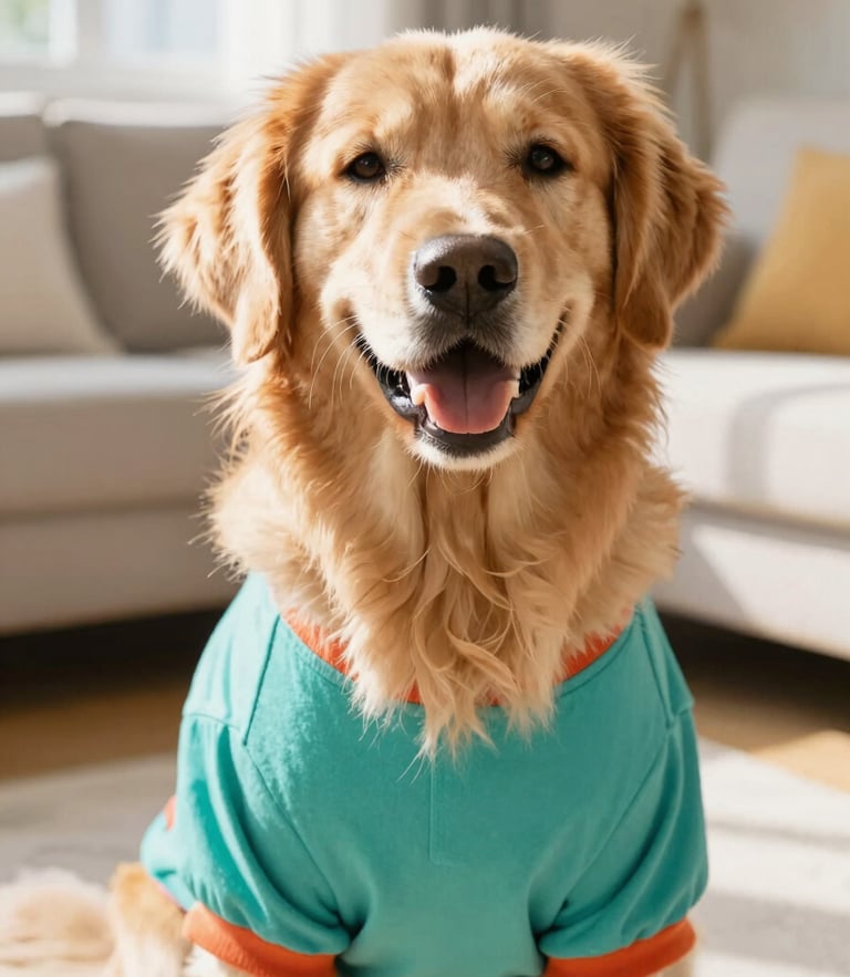A happy golden retriever wearing a colorful handmade teal shirt, sitting in a bright sunlit living room, eye-level shot, warm cheerful pet photography