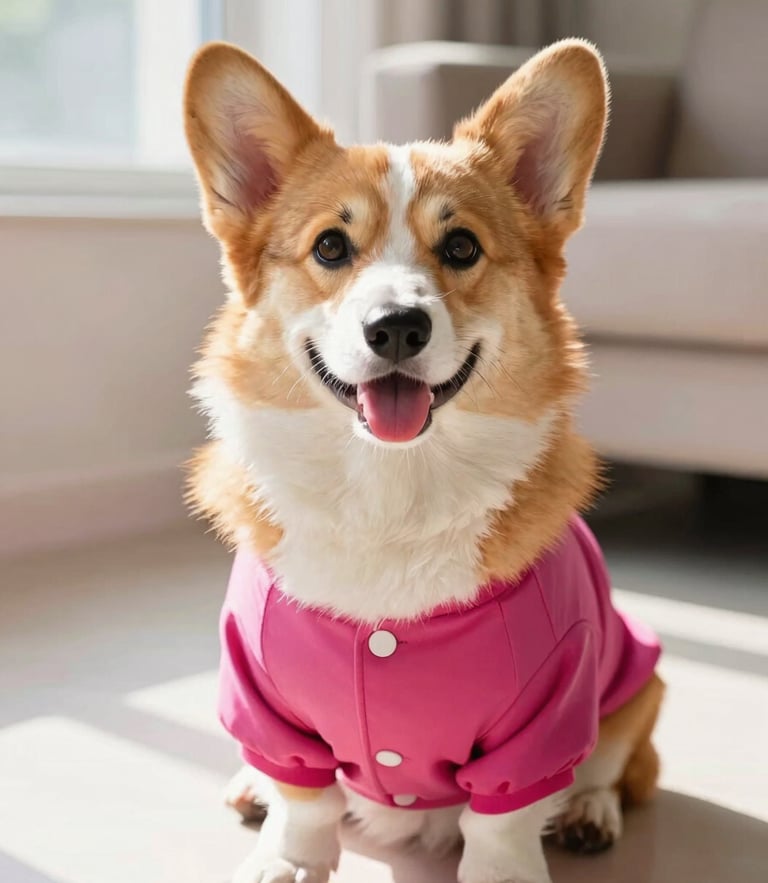 A happy fluffy Pembroke Welsh Corgi wearing a vibrant magenta handmade dog shirt, sitting in a bright sunlit living room, eye-level shot, warm natural daylight