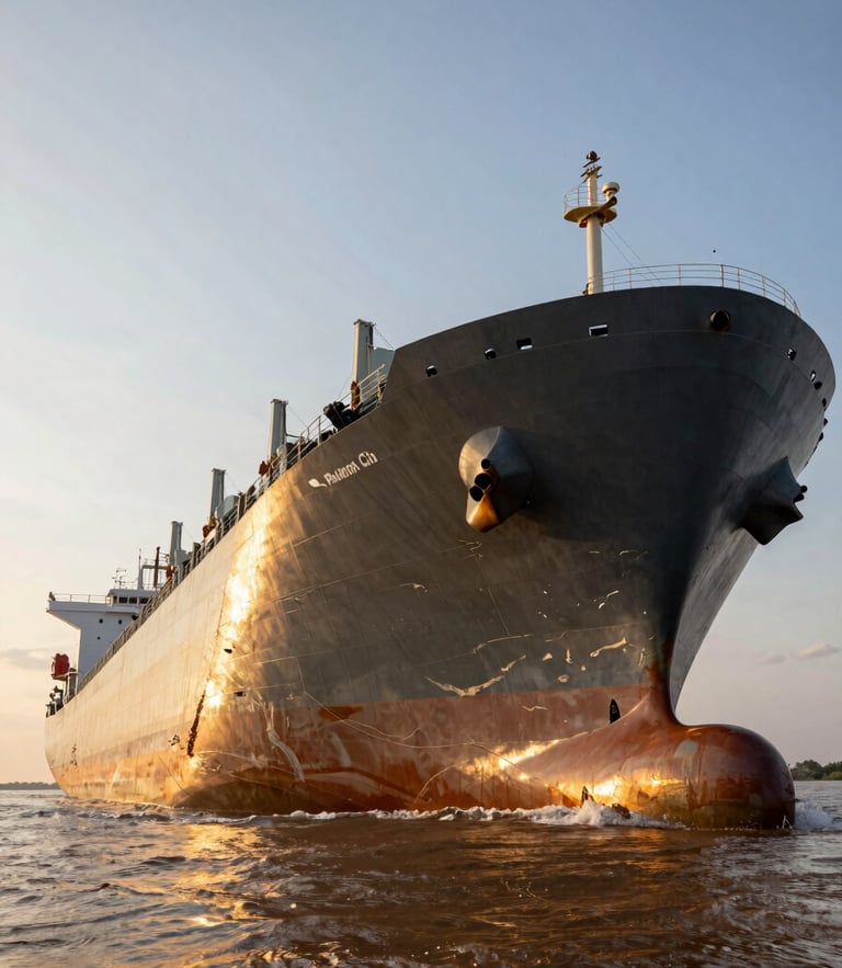 Low-angle dramatic shot of a massive Panamax bulk carrier navigating the muddy Amazon River gateway near Macapá, golden hour light reflecting off the dark steel hull, expansive sky.